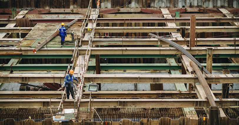 aerial view of two person on top building