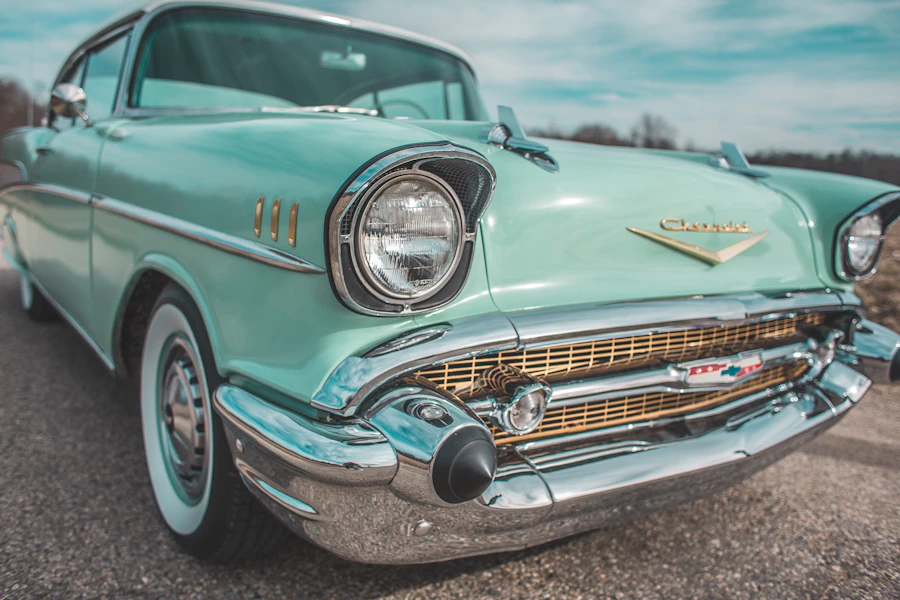 A teal classic Chevrolet coupe