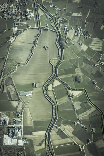 An aerial view of an agricultural landscape featuring numerous fields of varying sizes and shapes, bordered by a winding river. Small clusters of buildings or houses are scattered throughout the area, along with a network of roads connecting them.