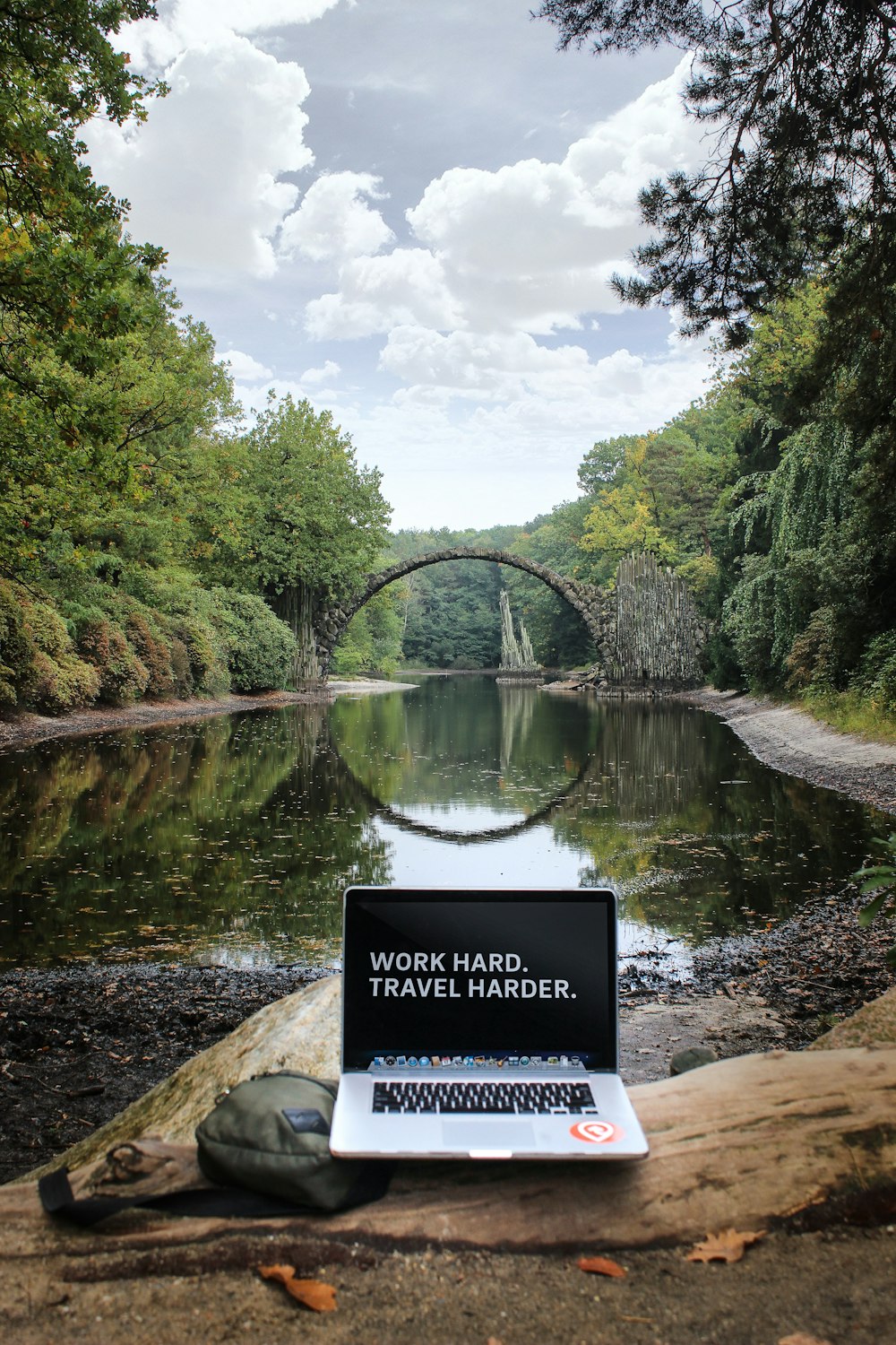 silver MacBook Pro on brown wood log