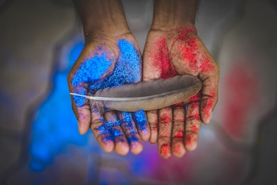 top view photography of brown feather on blue and red painted hands