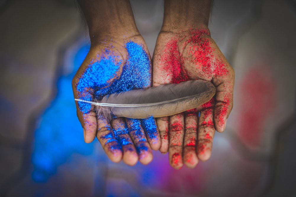 top view photography of brown feather on blue and red painted hands