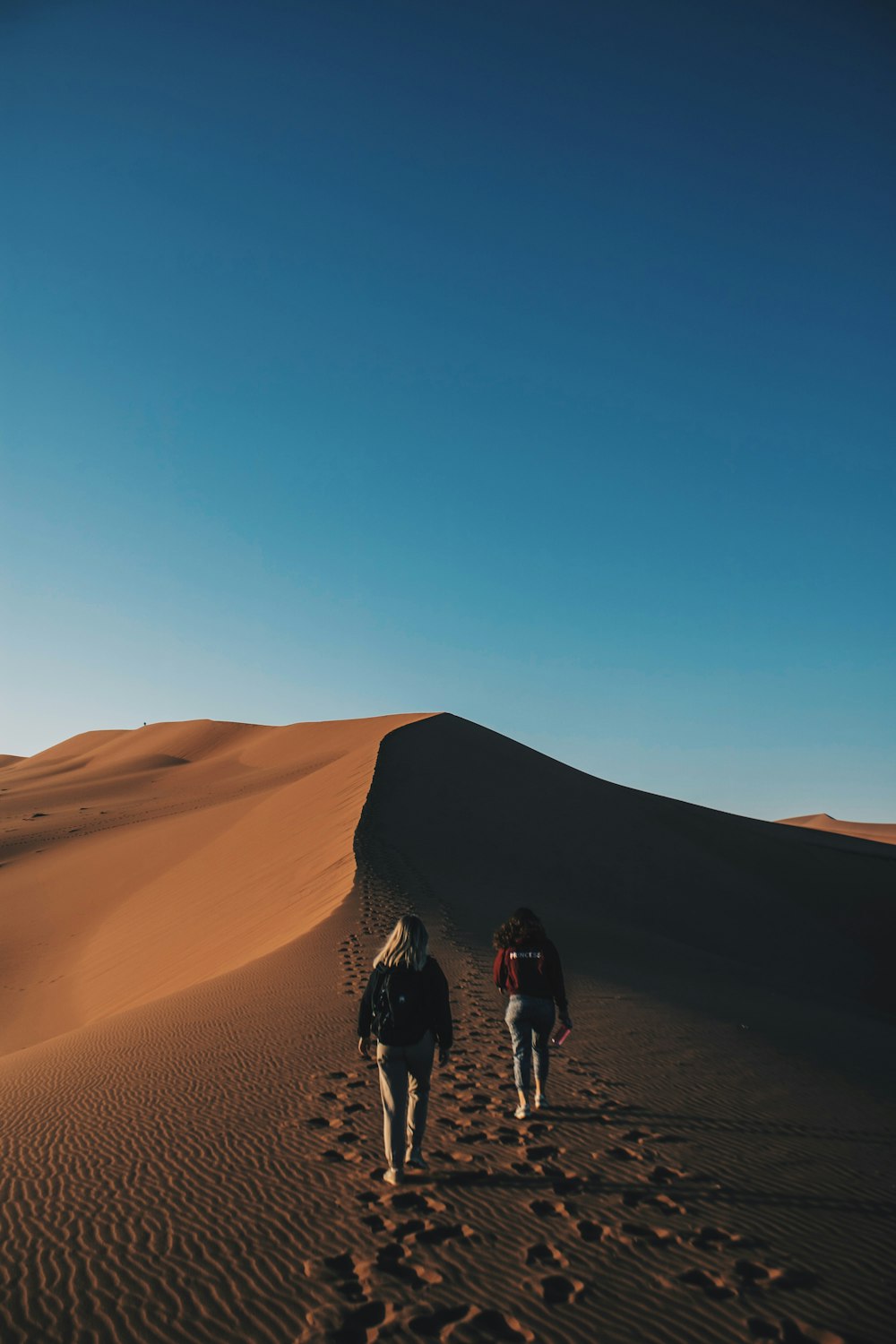 two women walking on desert