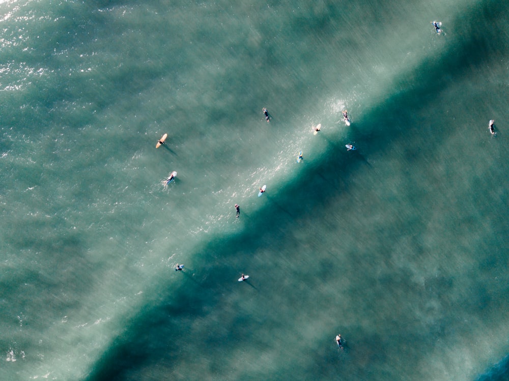 Vogelperspektive auf Menschen, die auf Meereswellen surfen