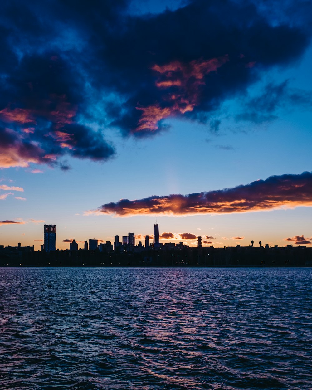 cityscape near body of water under partially cloudy skies