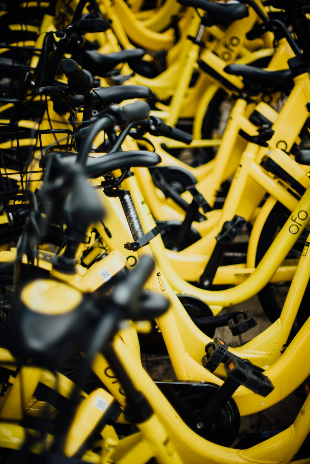 shallow focus photography of black and yellow bicycle lot