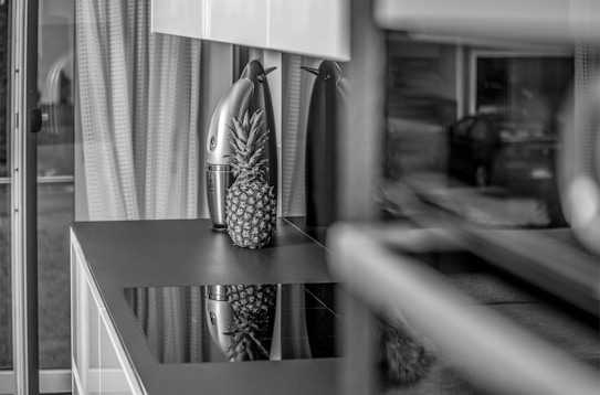 A modern kitchen setting featuring a pineapple placed on a sleek, reflective countertop. Beside it stands a metallic appliance with a contemporary design. The background includes curtains and a glimpse of a window, through which an exterior view is partially visible.