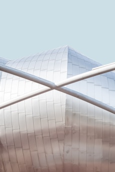 A modern architectural structure with a metallic exterior featuring overlapping panels. The surface is curved and has a slight sheen, with intersecting white beams crossing in the foreground against a clear, pale blue sky.