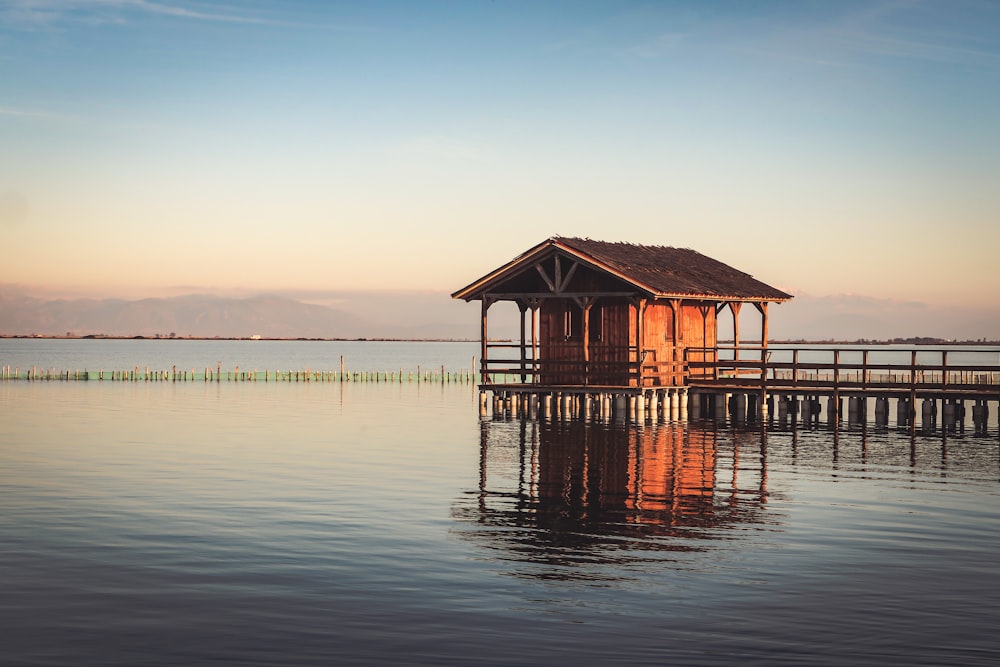 brown wooden cottage on body of water