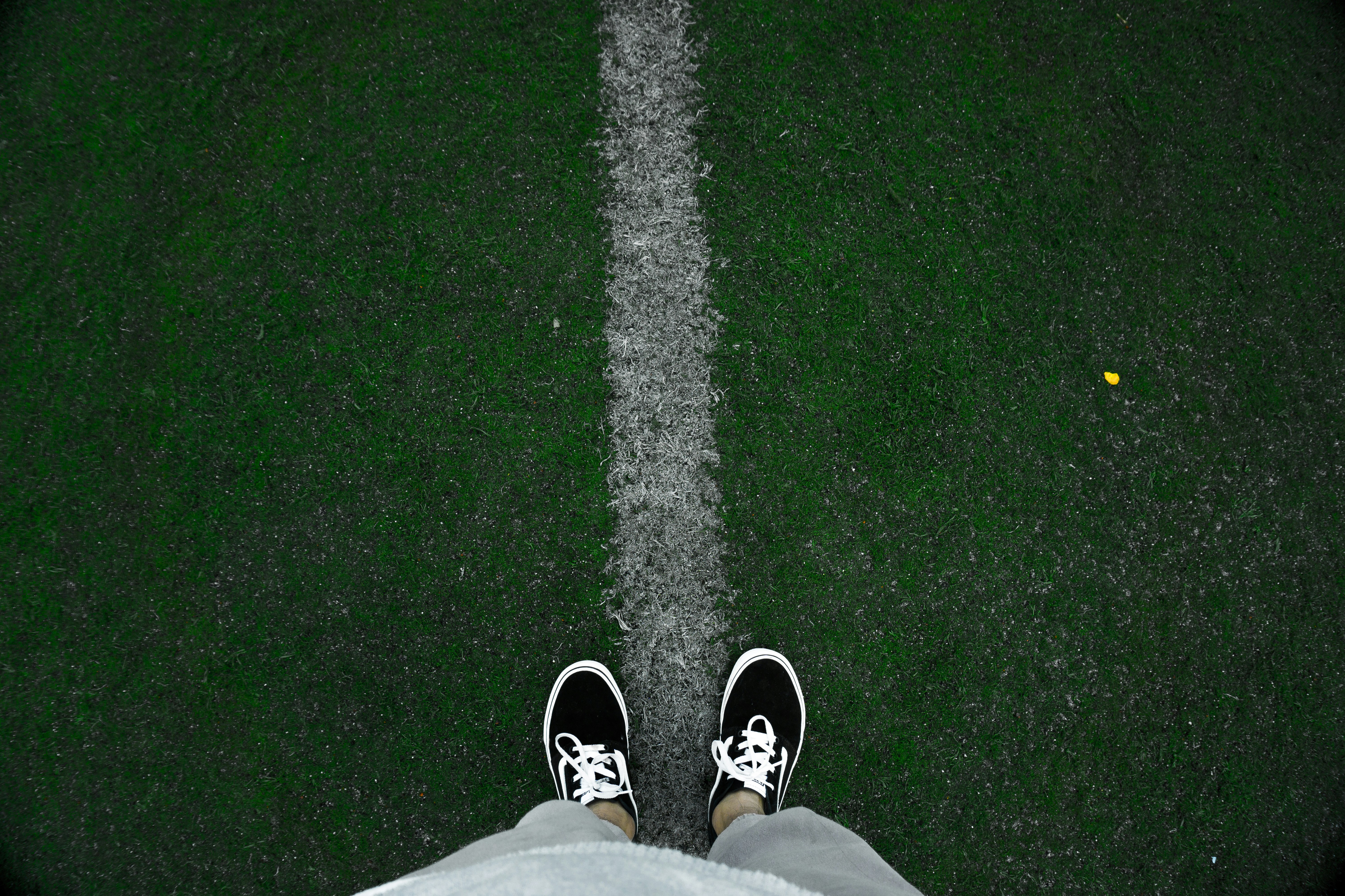 person wearing black low-top sneakers standing on green grass at daytime