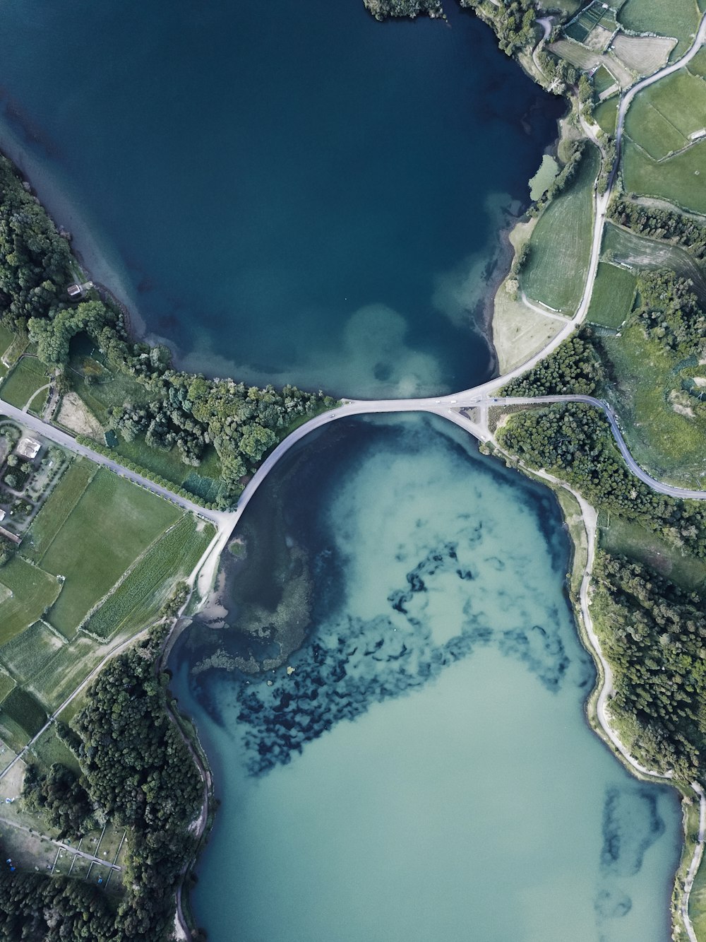 Photographie aérienne d’un plan d’eau entre la terre verte