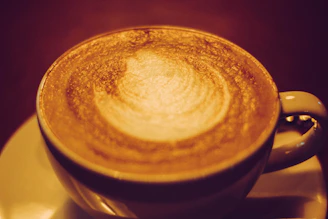 Close-up photo of a steaming cappuccino in an earthy ceramic cup with subtle mountain silhouette patterns in the background.