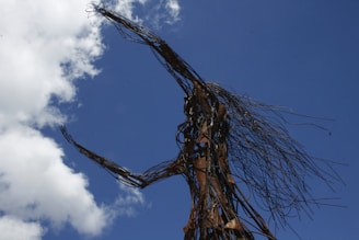 A tall, abstract sculpture made of twisted metal stands against a deep blue sky. The metal is rusted, giving it a weathered appearance, and its strands reach outwards resembling wind-blown hair or branches. Fluffy white clouds are visible in the background, enhancing the contrast with the sculpture's dark silhouette.