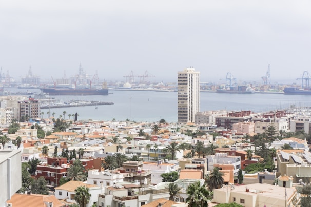 A coastal cityscape featuring a harbor with numerous cranes and large cargo ships in the background. In the foreground, there are various residential buildings and palm trees, with a tall apartment building prominently rising above the rest.