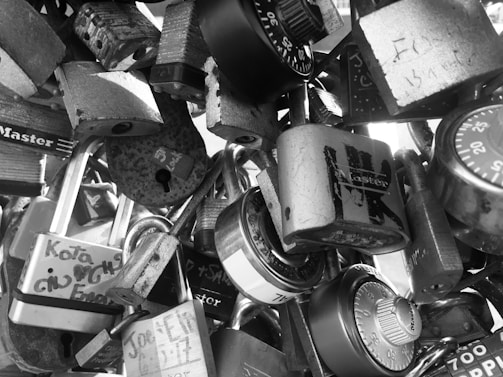 A variety of locks and keys arranged artistically.