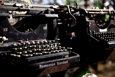 Close-up of a vintage typewriter with botanical motifs.