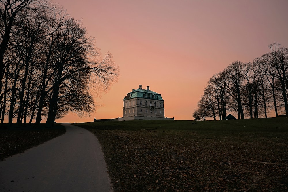 Weißes und grünes Betongebäude umgeben von Bäumen