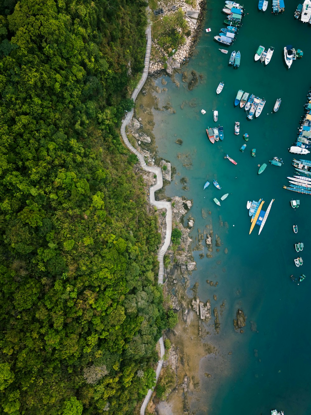 Vista de pájaro de la costa con botes