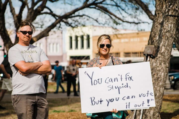 A man standing beside a woman with a placard that reads "You can't fix stupid, But you can vote it out!"