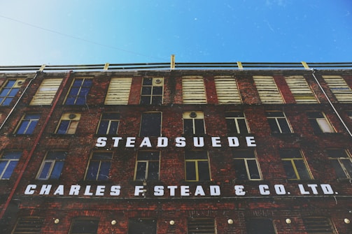 A multistory brick industrial building with large windows and boarded sections. Bold white letters spell out 'STEAD SUEDE' and 'CHARLES F. STEAD & CO. LTD.' on the facade. The sky above is clear and blue.