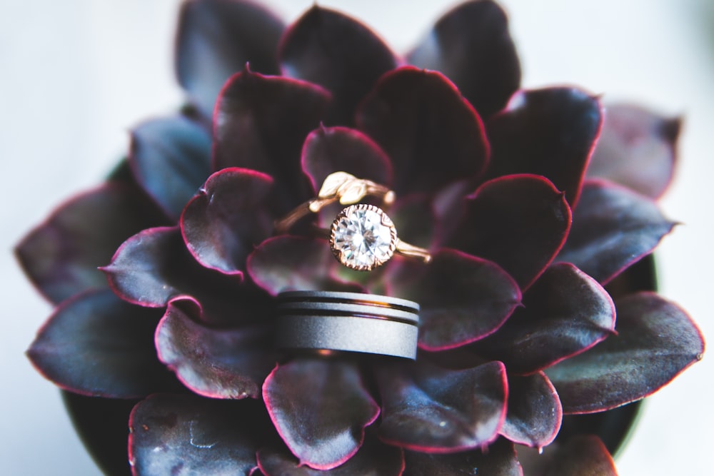gold-colored ring with gemstone on black flower