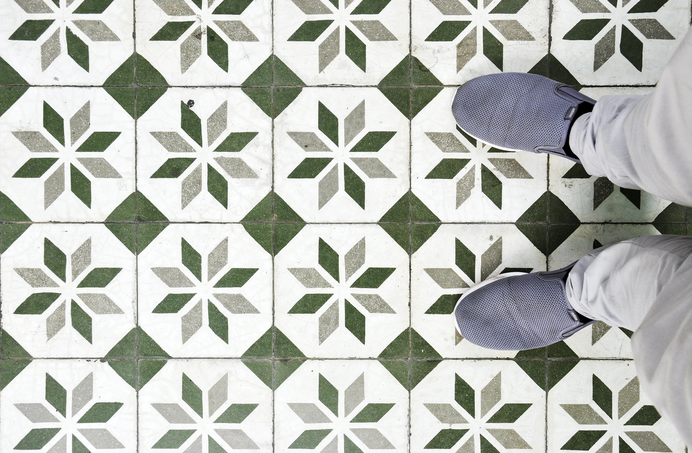 Pavimento de mosaico hidráulico verde e branco
