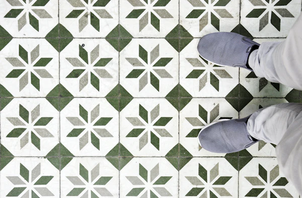 Green and white tile flooring