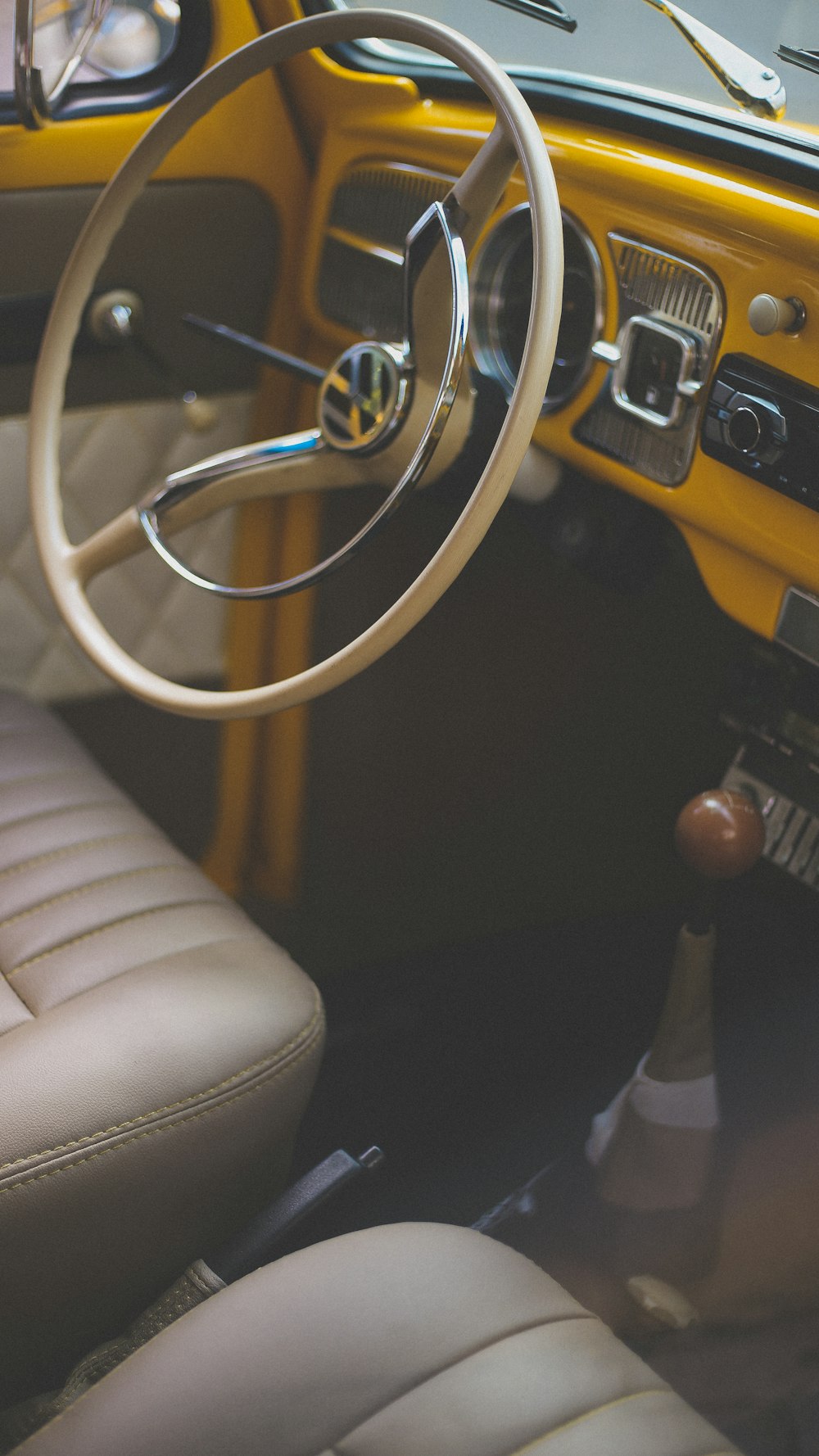 macro shot of Volkswagen steering wheel