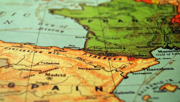 A detailed map section showcasing a portion of southwestern Europe, focusing on Spain, the Pyrenees, and parts of France. Notable city names such as Bilbao, Madrid, and Barcelona are visible, as well as geographic landmarks like the Bay of Biscay and the Gulf of Lion.