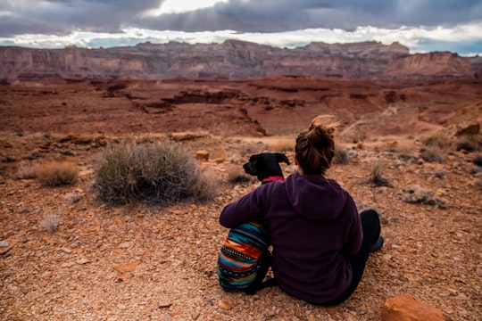 woman sitting and hugging a dog outdoors in San Rafael Swell United States