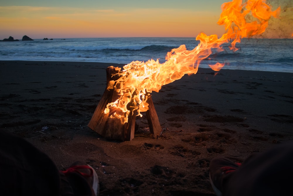 Zeitrafferfoto eines Lagerfeuers am Meeresufer während des Tages