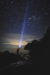 A rugged flashlight resting on a rocky surface with a beam cutting through the night