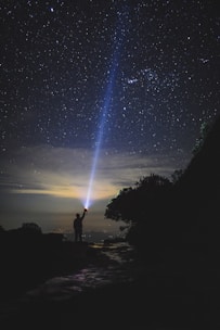A rugged flashlight resting on a rocky surface with a beam cutting through the night