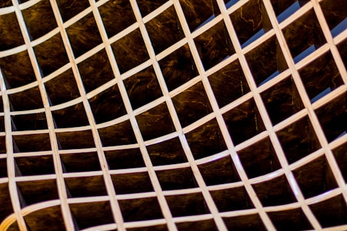 A close-up view of a curved grid structure composed of interwoven lines, creating a mesh-like pattern. Shadows and highlights give depth to the design, with the curved lines forming a dynamic, three-dimensional effect.
