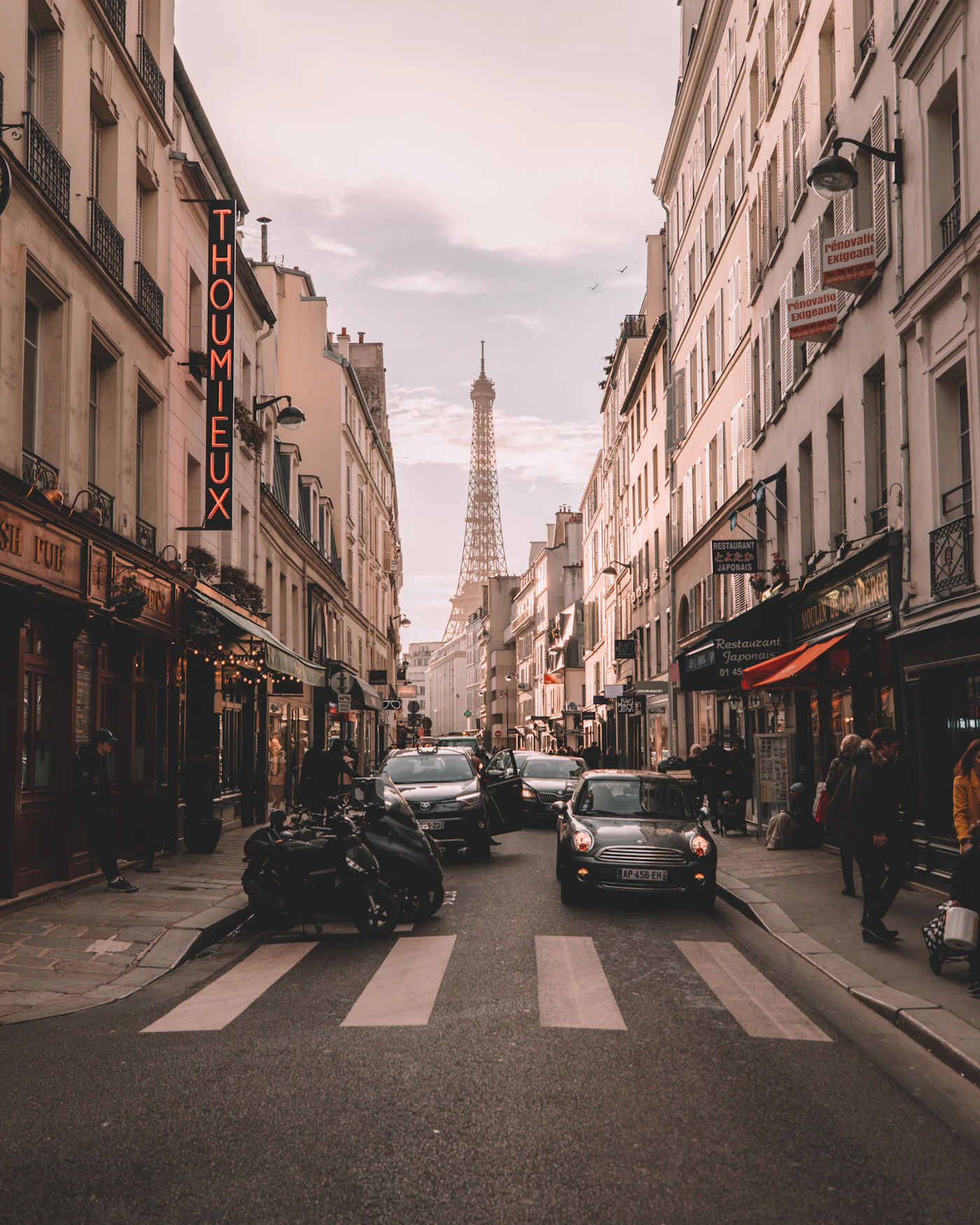 Rue Saint-Dominique, Paris, restaurants either side and the Eiffel Tower at the end of the street
