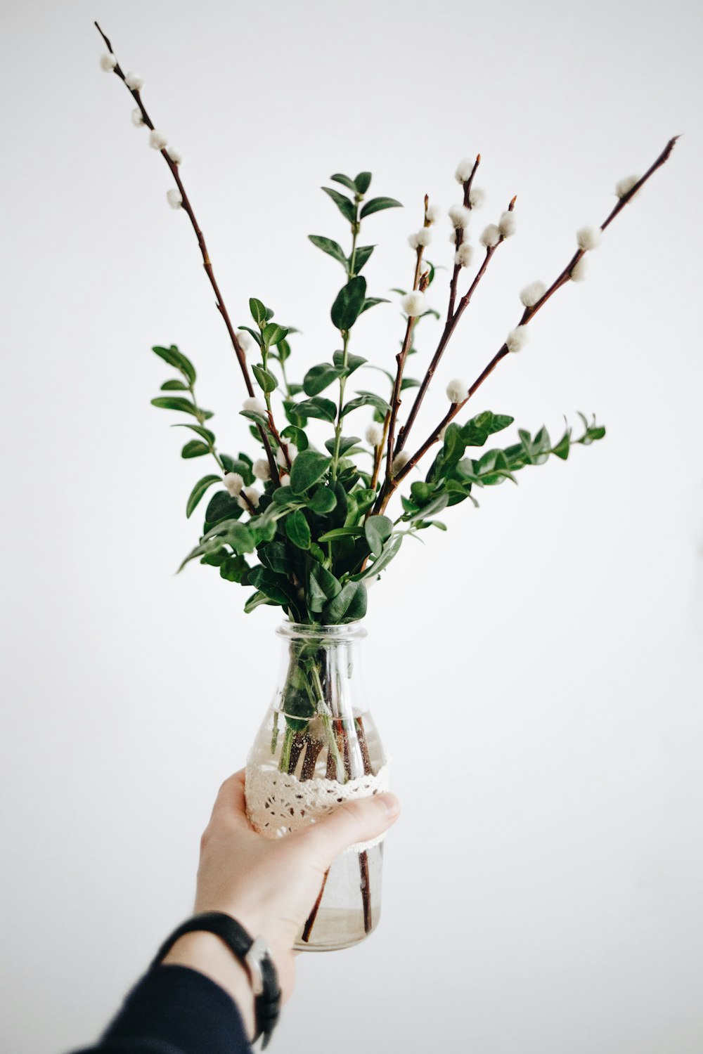 person holding clear glass bottle with plant