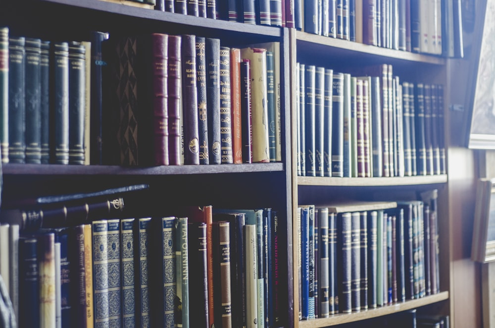 assorted books on brown wooden shelf