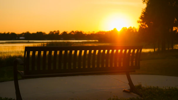 A dramatic sunset casting golden light over a quiet park bench.