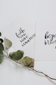 green rose leaves and two cards flat lay photography