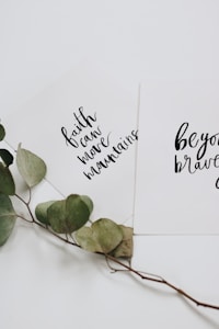 Two white cards with inspirational quotes written in black cursive text are overlapping. One card reads 'faith can move mountains' and the other says 'be your brave'. A dried branch with green leaves is placed beneath the cards, adding a natural touch.