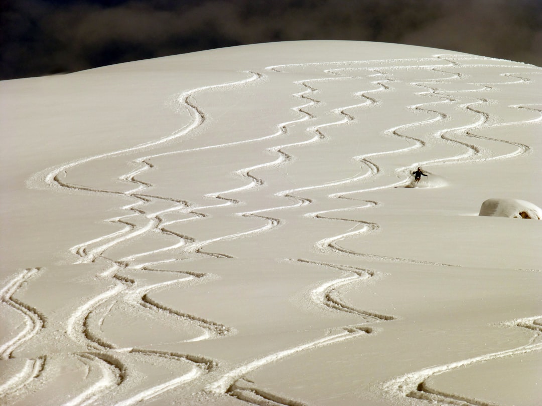 a person riding skis down a snow covered slope, Perfect off piste conditions