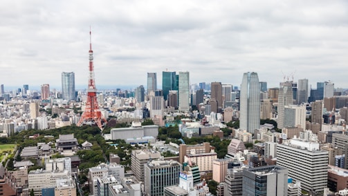 A vast urban cityscape featuring numerous skyscrapers and the prominent red and white structure of Tokyo Tower. The skyline is densely packed with a mix of modern high-rise buildings and older structures. Green spaces are visible, providing contrast to the urban environment. The sky is overcast, adding a muted tone to the scene.