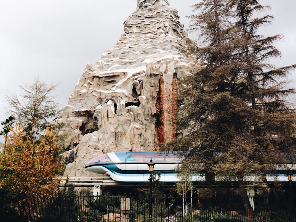 blue and white train beside brown rock mountain and pine trees