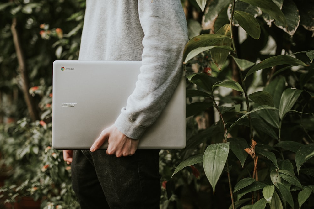 Google Chromebook, white sweater, 