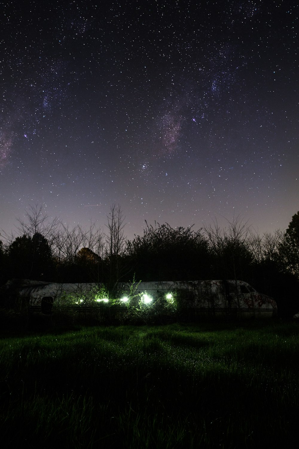 green grass field under starry night