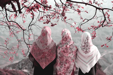 three Muslim women standing side by side near tree