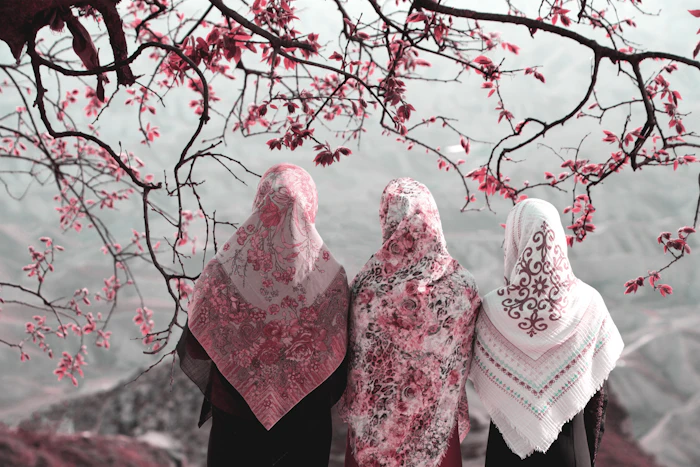 Tiga wanita berdiri di bawah pokok