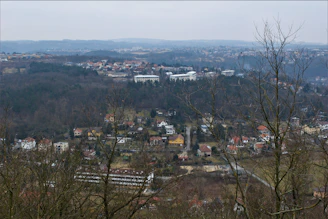 A panoramic view of a residential area with various houses and green spaces.