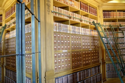 A well-organized library archive with tall wooden shelves filled with drawers and books. Rolling ladders are positioned for access to the upper shelves, which are primarily stocked with bound volumes in assorted colors, predominantly reds and browns.