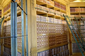 A well-organized library archive with tall wooden shelves filled with drawers and books. Rolling ladders are positioned for access to the upper shelves, which are primarily stocked with bound volumes in assorted colors, predominantly reds and browns.